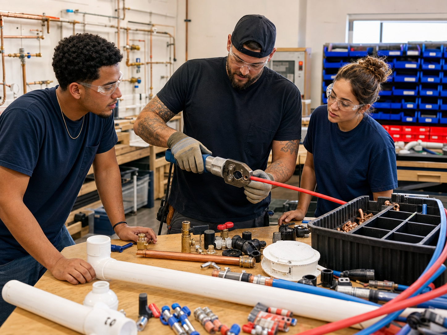 Plumber instructor demonstrating PEX crimping and fittings at a hands-on training bench