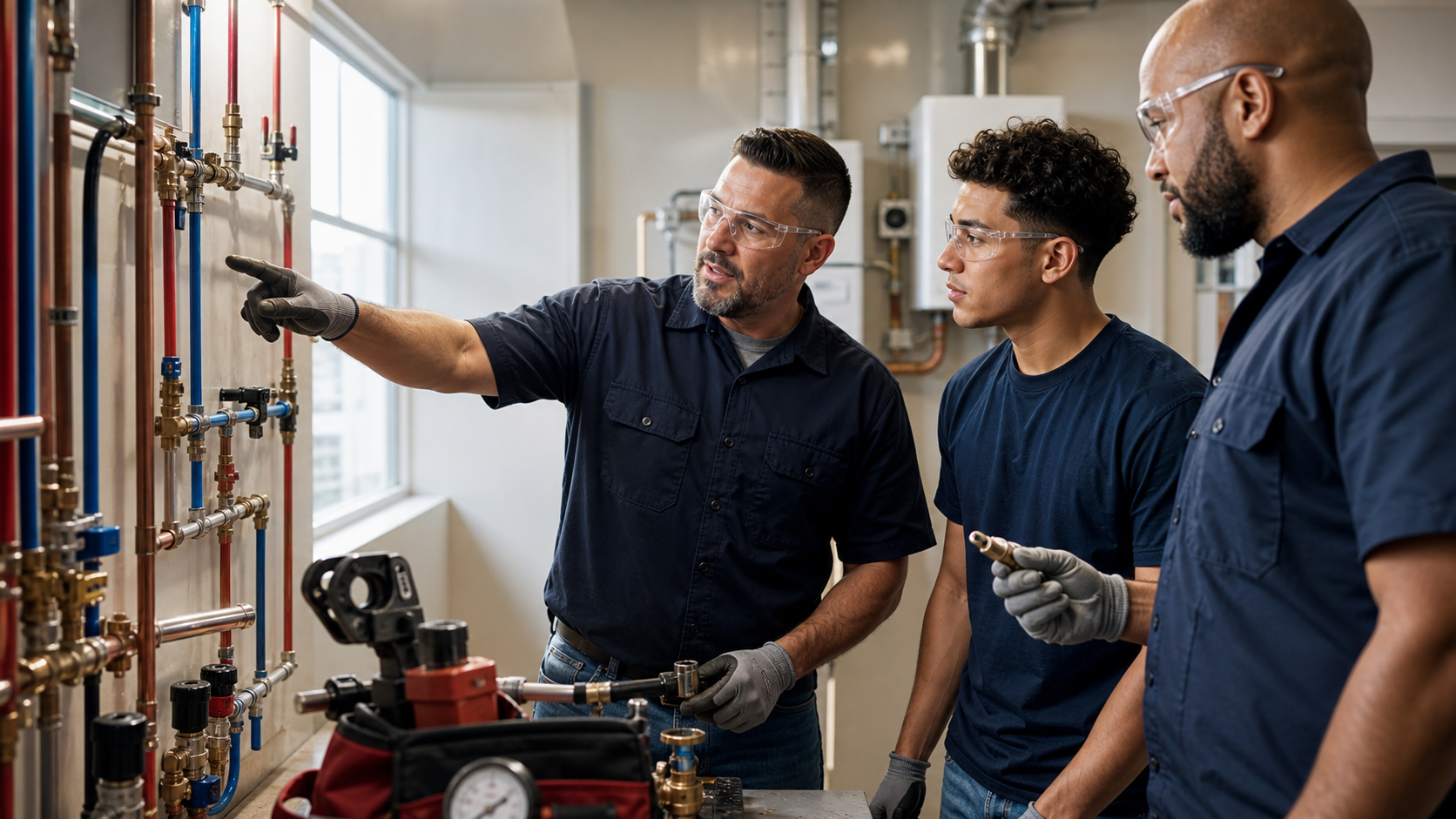 Plumber instructor showing pipe systems to apprentices in a training lab